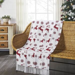 Christmas Farmhouse Reindeer Woven Cotton Fringed Throw Blanket Holiday Red Snow